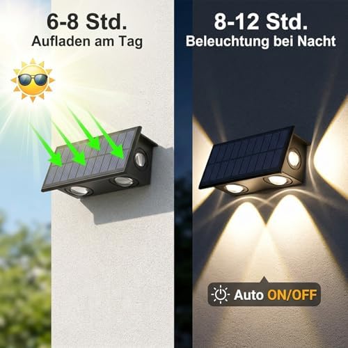 Solar Wandleuchte Aussen,4 Stück Solarlampen für Außen Wand, Auto ON/OFF Zaunleuchte LED, IP65 Wasserdicht Warmweiß Zaun Beleuchtung Solar für Hinterhof Veranda Deck Patio Geländer