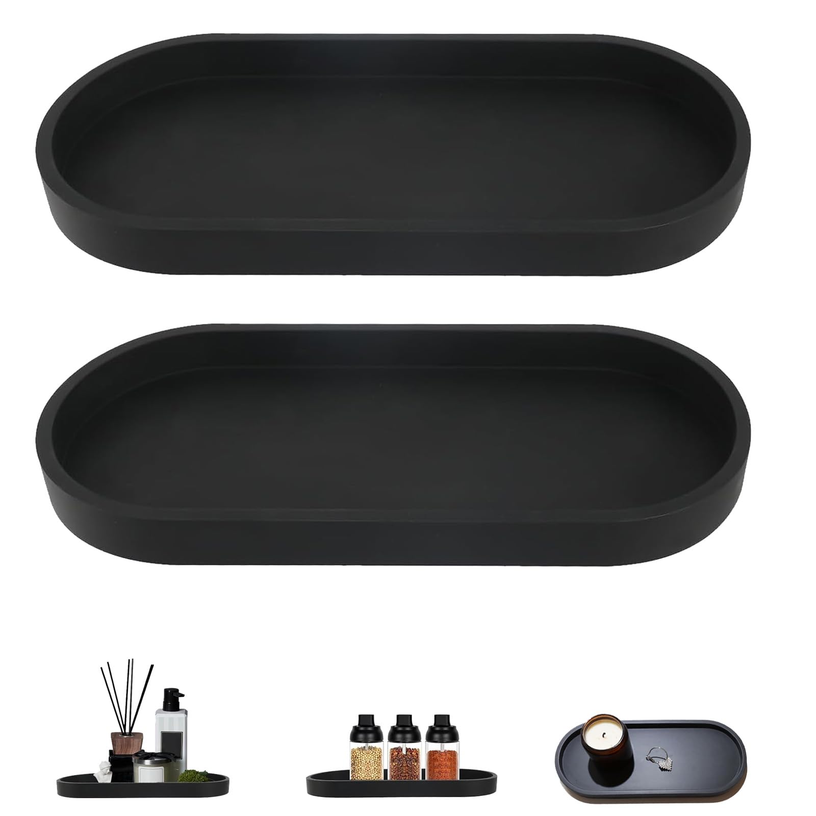 XINSUO® 2 Pieces Oval Shatterproof Bathroom Tray,Trays for Cosmetics,Silica Vanity Tray,For Small Cosmetics,candles,Easy to clean and reusable(Black,25 x 11 cm)