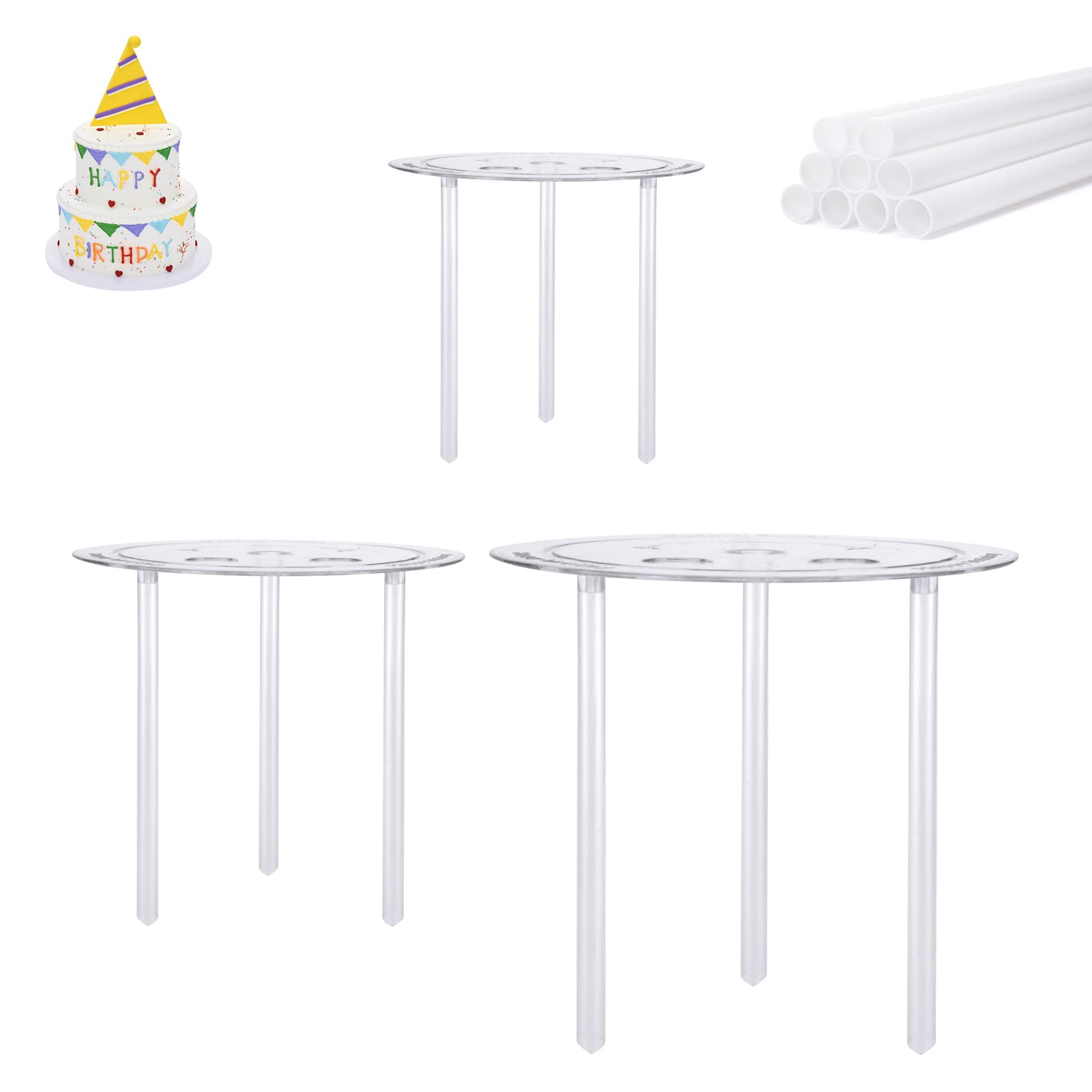 olyee Cake Supports Set w/ 18 Pieces Cake Dowels Rods for Tiered Cake, 3 Tier Cake Separator Plates Cake Stand Holder for Wedding Cake Construction & Stacking (4, 6, 8 inch) (3 Layer), Transparent