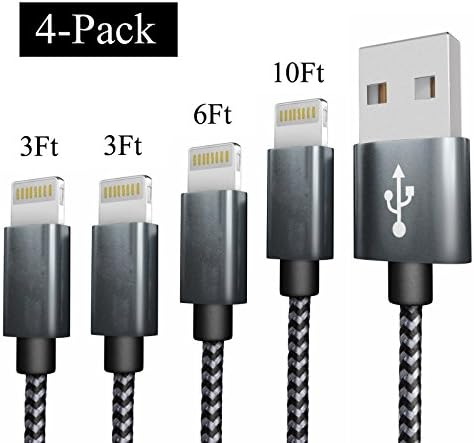 Cable 4 Pack (3FT X2+6FT+10FT), Snaok Extra Long Nylon Braided Charging Cord Lightning Cable to USB Charger for iPhone 7, 7 Plus, 6S, 6, SE, 5S, 5, iPad, iPod Nano 7 …