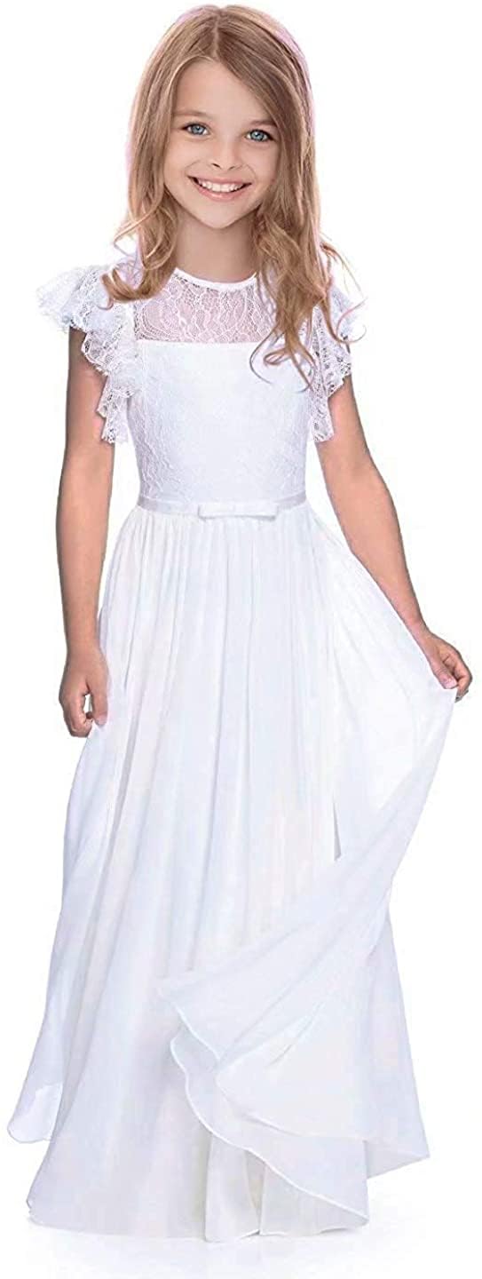 Photo 1 of ABAO SISTER Flower Girl Dress Communion Dress for Wedding Junior Bridesmaid Fancy Ruffle Sleeves A-line Chiffon White Size 10