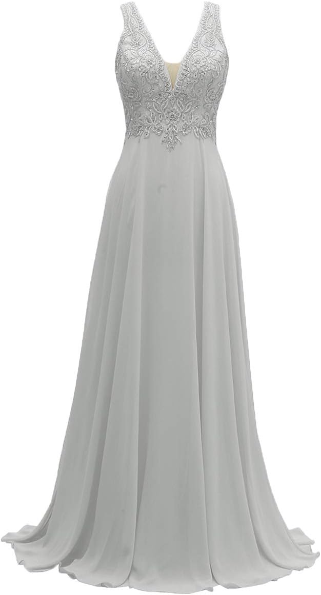 MARSEN Prom Dresses Long V-Neck Lace Chiffon A-line Beaded Formal Bridesmaid Gowns for Women