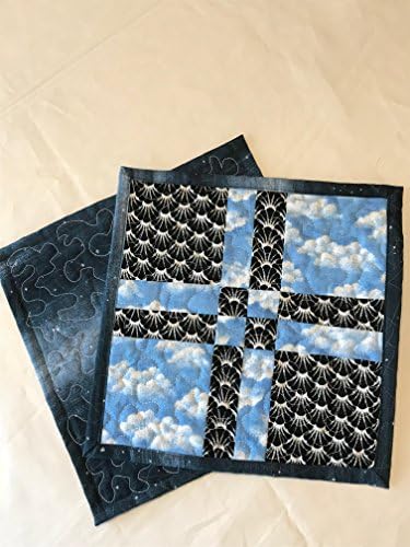 Large blue, Black and white Mug Rugs, Two Coasters, 10 inch square quilted mug rugs, quilted coasters, mini placemats, #135