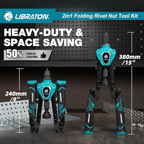 LIBRATON 2 in 1 Folding Threaded Insert Rivet Pliers, 7 Mandrels (M3-M12) & 5 Bits (2.4-6.4mm), Includes 70 Crimp Nuts and 200 Pop Rivets, Powerful Manual Tool for Auto and DIY