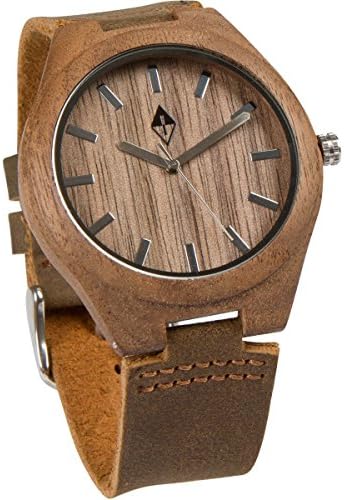 Wood Grain Handmade Mens Walnut Wood Natural Wooden Watch with Genuine Brown Leather Band