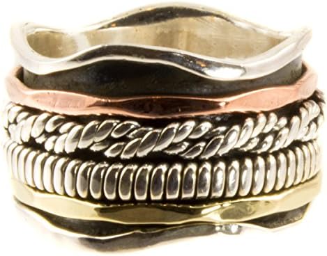 Sterling Silver Spinner Ring with Copper and Brass Spinner Bands, Size 6