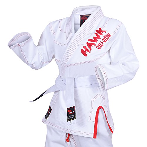 Hawk Kids Brazilian Jiu Jitsu Suit Youth Children BJJ GI Kimonos Boys & Girls BJJ Uniform Lightweight Preshrunk Pearl Weave Fabric, with Free White Belt, 1 Year Warranty!!! (K3, Boys White)