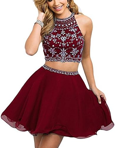 HEAR Women's Two Pieces Chiffon Homecoming Dresses Halter Beaded Rhinestone Short Prom Gown Open Back WWW666