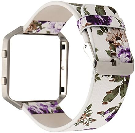 YuKing Replacement Leather Band for Fitbit Blaze,Beautiful Flower Print Soft Leather Replacement Accessory Band Wristband Strap for Fitbit Blaze Smart Fitness Watch (White+Purple)
