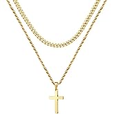 Ursteel Valentines Gifts for Him - 18K Gold Plated Cross Necklaces Chain for Men Boys Gifts, Silver Rope Chain Layered Necklace Jewelry 16 18 20 22 24 Inch