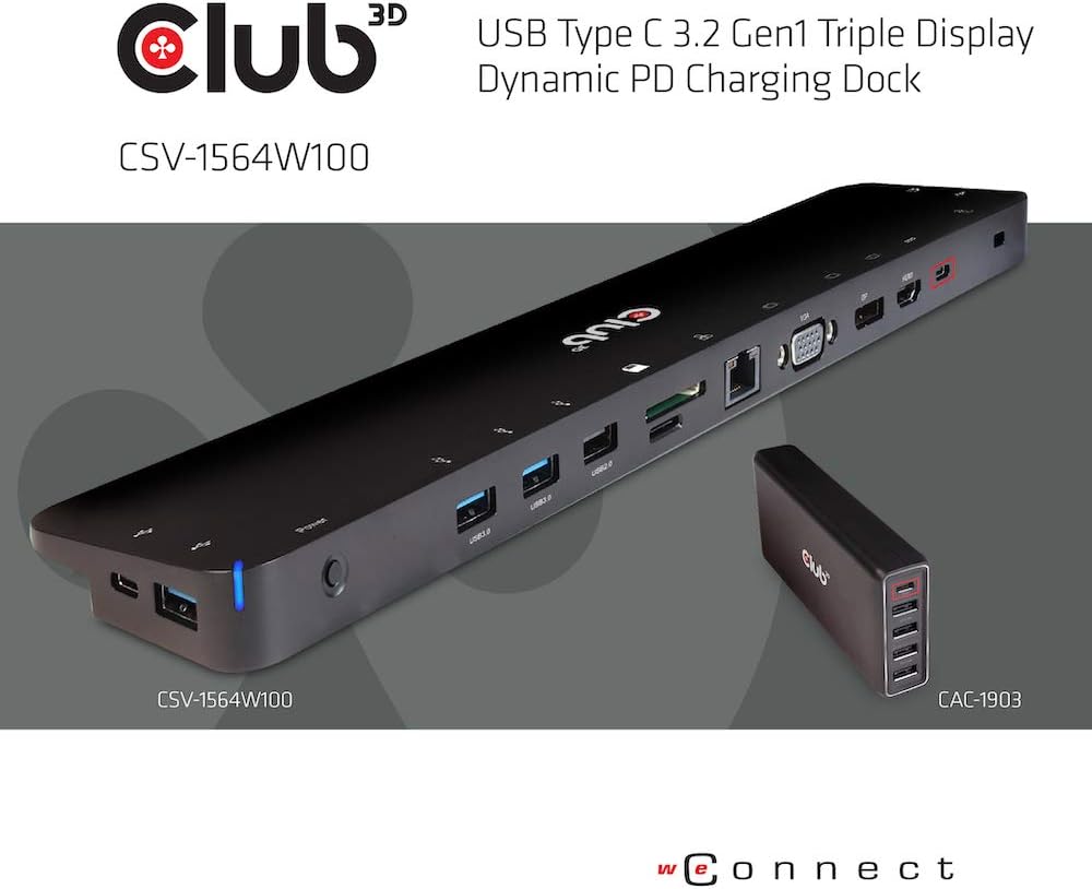 CLUB3D USB Type C 3.2 Gen1 Triple Display Dynamic PD Charging Dock 100W PD Power charger, black - Image 4