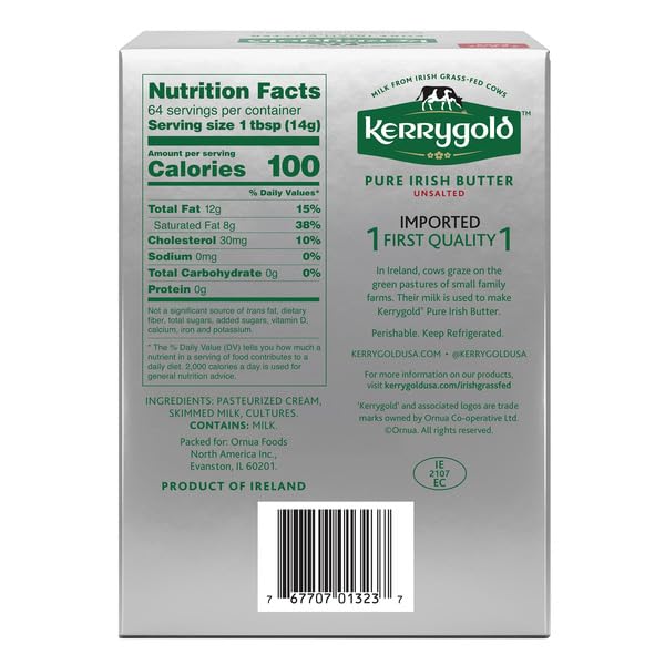 Pure Irish Unsalted Butter from Grass-Fed Cows, USDA Organic 8oz Bars, 4-Pack - Gluten-Free, Soy-Free Sweet Cream