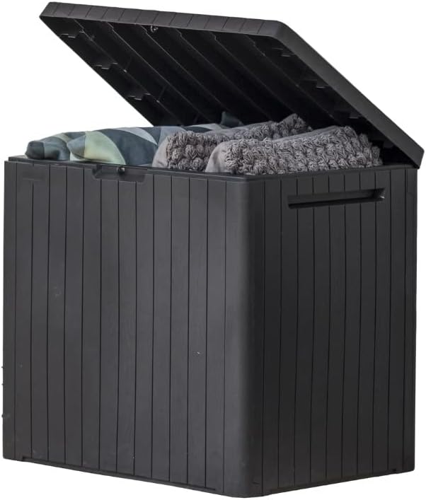 Keter City 30 Gallon Resin Outdoor Storage Box Patio Table Dark Grey