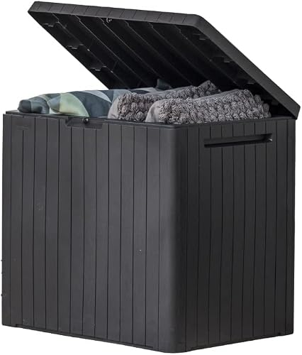 Keter City 30 Gal Outdoor Storage Box and Patio Side Table | Grey, Resin, Compact, Waterproof, Lockable, Easy Assembly, Organization, Pool Accessories Storage