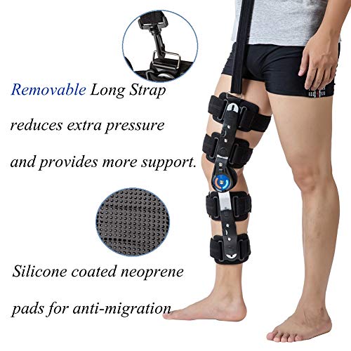 Hinged ROM Knee Brace with Strap, Post OP Patella Injury Immobilizer Brace Medical Orthopedic Guard Protector - Adjustable Full Leg Stabilizer Knee Orthosis Splint