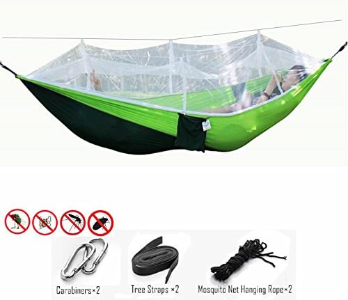 TOMTU Lightweight &amp; Portable Double Nylon Camping Hammock, 210T Parachute Fabric Hammock with Mosquito &amp; Bugs Net and Tree Straps – 400lbs Great for Indoor Travel Adventure Hiking Beach Yard, Green