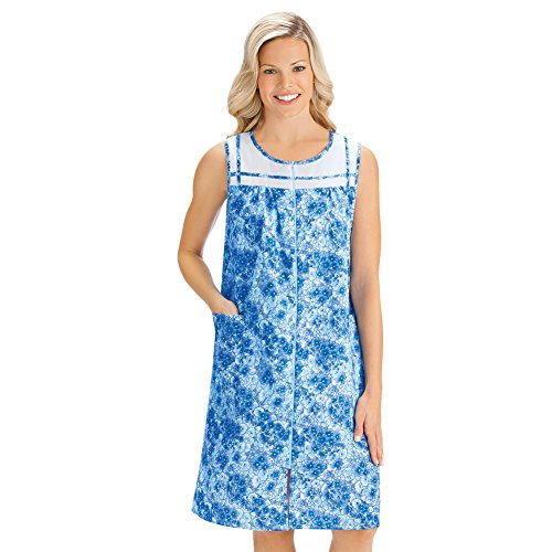 Collections Women's Floral Zip-Front Cotton Poly Pocket Shift Duster House Dress, Blue, XX-Large