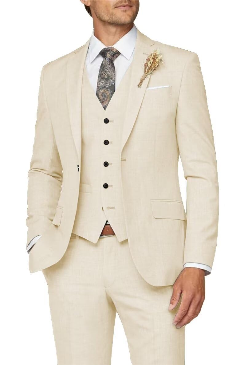 Photo 1 of SPTALLFITJSV Mens 3 Piece Suit Cream Suits Slim Fit 3 Piece Suit Cream Suits for Wedding Man Elegant Solid V-Neck Single Breasted Vest Pants Blazer Sets Size XL