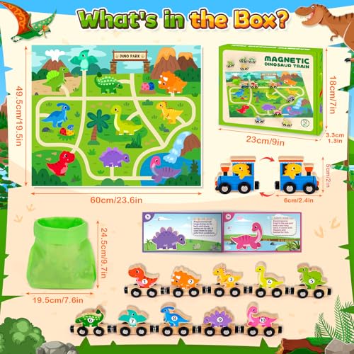 Toddler Dinosaur Toys for 1 2 3 Year Old Boys, Dinosaur Train Toys for Boys | Montessori Toys for 1-3 Year Old, Wooden Magnetic Dinosaur Train Set for Boys age 2 3 4, First Birthday Gifts for Boys Girls