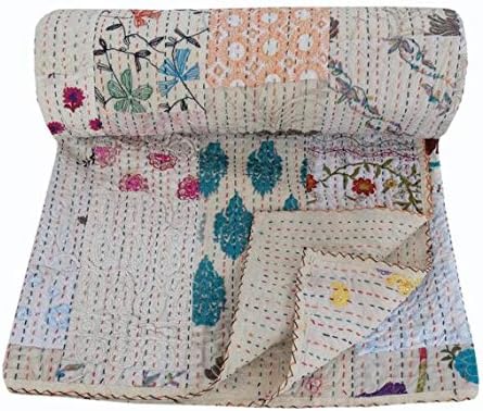 NANDNANDINI TEXTILEKantha Bedspread Cotton Gypsy Bedding Home Decor Indian Handmade Patchwork Antique Vintage Kantha Quilt Boho Bohemian Couch Sofa Throw Blanket (Twin)