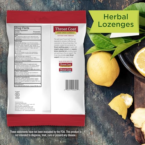 TRADITIONAL MEDICINALS LOZENGES, ORGANIC THROAT COAT LEMON GINGER ECHINACEA, SORE THROAT SUPPORT, 30 INDIVIDUALLY WRAPPED LOZENGES