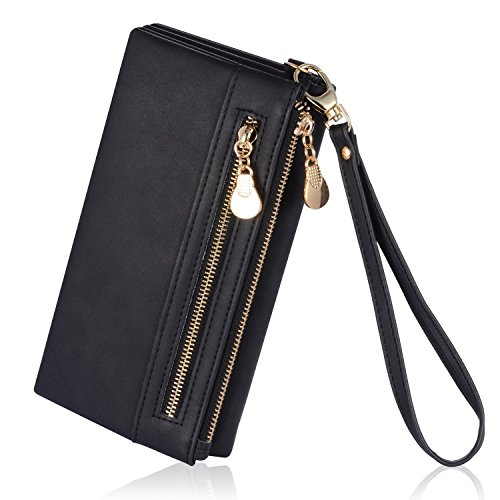 Leiwo Women's Matte PU Leather Double Zipper Coin Purse Card Holder Wallet Black