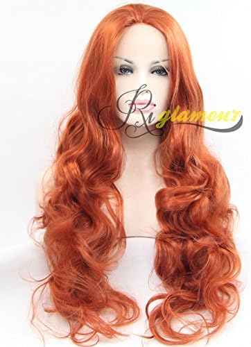 Riglamour Bright Copper Red Wig Long Wavy Heat Resistant Synthetic Lace Front Wigs Half Hand Tied for Women 100% Fiber Hair #360