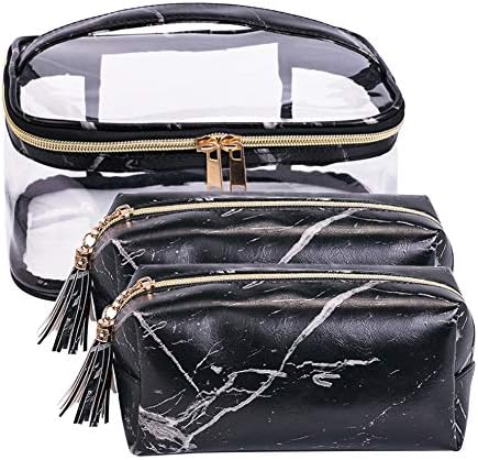 Waterproof PVC Cosmetic Vanity Bag with Metal Zipper Set of 3pcs Storage for Travel Toiletries Makeup (Black Set)