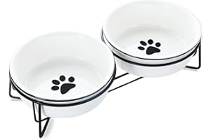 GDCZ Ceramics Raised Cat Small Dog Bowls with Heighten Metal Stand for Pet Food 15 Ounces, White