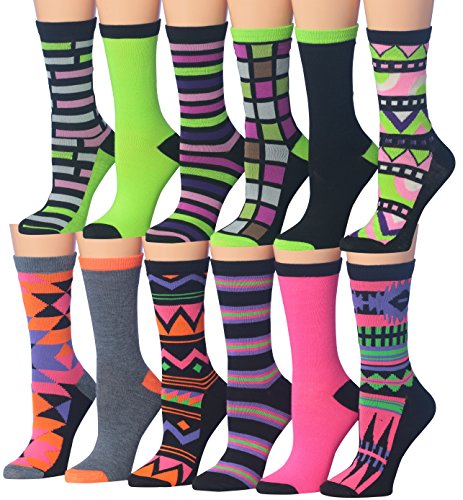 Tipi Toe Women's 12-Pairs Comfort Blend Colorful Funky Fashion Crew Dress Socks, (sock size 9-11) Fits shoe size 5-9, WC28-AB
