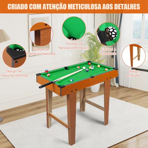 Mini Conjunto de Mesa de Sinuca, Mesa de Bilhar Sinuca com Pernas, Conjunto de Mesa de Bilhar com 2 Tacos e Conjunto de Bolas