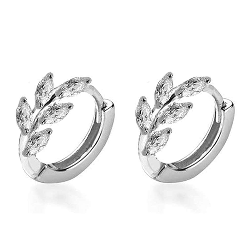 CZ Leaf Cartilage Huggie Small Hoop Earrings for Women Girls 925 Sterling Silver Cubic Zirconia Cluster Leaves Round Studs Tragus Pierced Ear Endless Hoops 8mm (Silver)