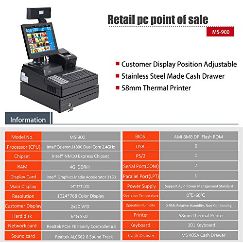 ZHONGJI Pos System, Cash Register PC, Point of Sale Kit, 58mm Thermal Receipt Printer, Handhold Barcode Scanner ,Stainless Steel Cash Drawer, 220VFD Customer Display (With OS / NO Software)