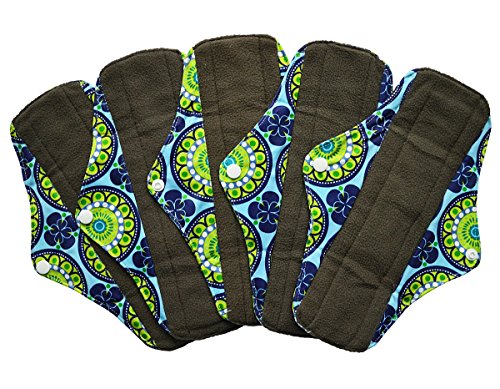 5 Pieces Charcoal Bamboo Mama Cloth/ Menstrual Pads/ Reusable Sanitary Pads (Regular (10 inch), Peacock)