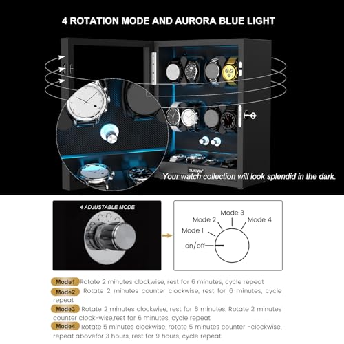 DUKWIN Watch Winder for 4/6/8/12 Automatic Watches, Lockable Automatic Winders with Extra 4/6 Watch Storages, 4 Rotation Modes, Quiet Mabuchi Motor, Sfot Watch Pillows and Blue Backlight