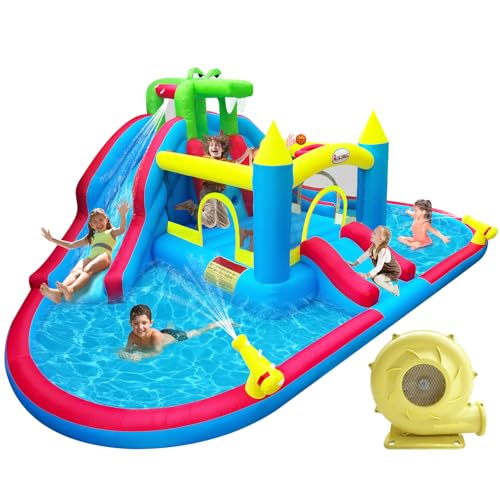 Rolonal Inflatable Bounce House with Water Slides, Double Ball Pit/Water Pool, Crocodile Styling, Climbing Wall, Outdoor Kids Bouncy Castle with Air Blower