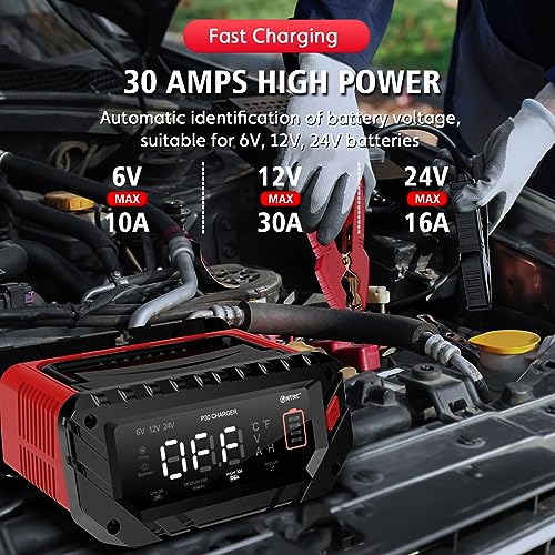 HTRC 6 V/12 V/24 V car battery charger, 30 A chargers for car batteries, battery charger for car, motorcycle, lawn mower, boat, lithium, LiFePO4 and lead acid (AGM, Gel, MF, EFB, SLA, VRLA, Wet)