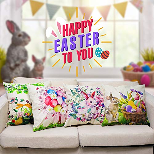 JOHOUSE 4 Pieces Easter Pillowcase, Rabbit Eggs Linen Pillow Cushion Case Easter Bunny Upholstered Sofa Pillowcases, 18 x 18 inch