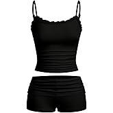 Hilinker Womens Sexy Pajama Set 2 Piece Lace Trim Cami Crop Tops and Ruched Shorts Summer Cute Pjs