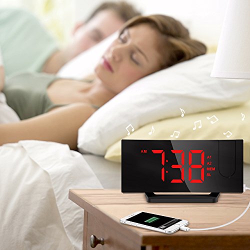 Atmoko [Update Version Projection Clock, [Curved-Screen] Digital Alarm Clock, FM Clock Radio with USB Charging, Dual Alarm, 5'' LED Display Projected Time on Ceiling, Battery Backup, Red - Thumbnail 6