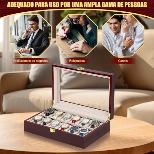 Caixa de Relógio com 12 Compartimentos, Caixa de Madeira para Relógios, Porta Relógio Masculino, Caixa de Relogio, Organizador Porta Relógio com Tampa de Vidro Grande