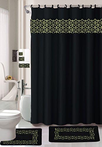 18 Piece Elegant Bathroom Set: 2-Rugs/Mats (1-Contour Rug, 1-Bath Mat) Poly Acrylic Pile Rubber Backing, 1-Fabric Shower Curtain, 12-Fabric Covered Rings, 3-Piece Decorative Towel Set (Black)