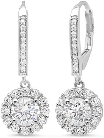 3.40 CT Round Cut Conflict-Free VVS1 Ideal Gemstone Birthsone designer Solitaire Halo PAVE Drop dangle Lever Back Earrings Solid 14k White Gold