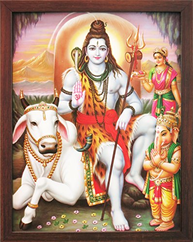 HandicraftStore Shiva with his Cow Nandi and Child Ganesha on Himalaya, A Poster Painting with Frame for Hindu Religious Worship Purpose
