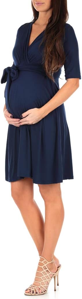 Mother Bee Maternity Women's Knee Length Wrap Dress with Belt for Baby Shower or Casual Wear at  Women’s Clothing store