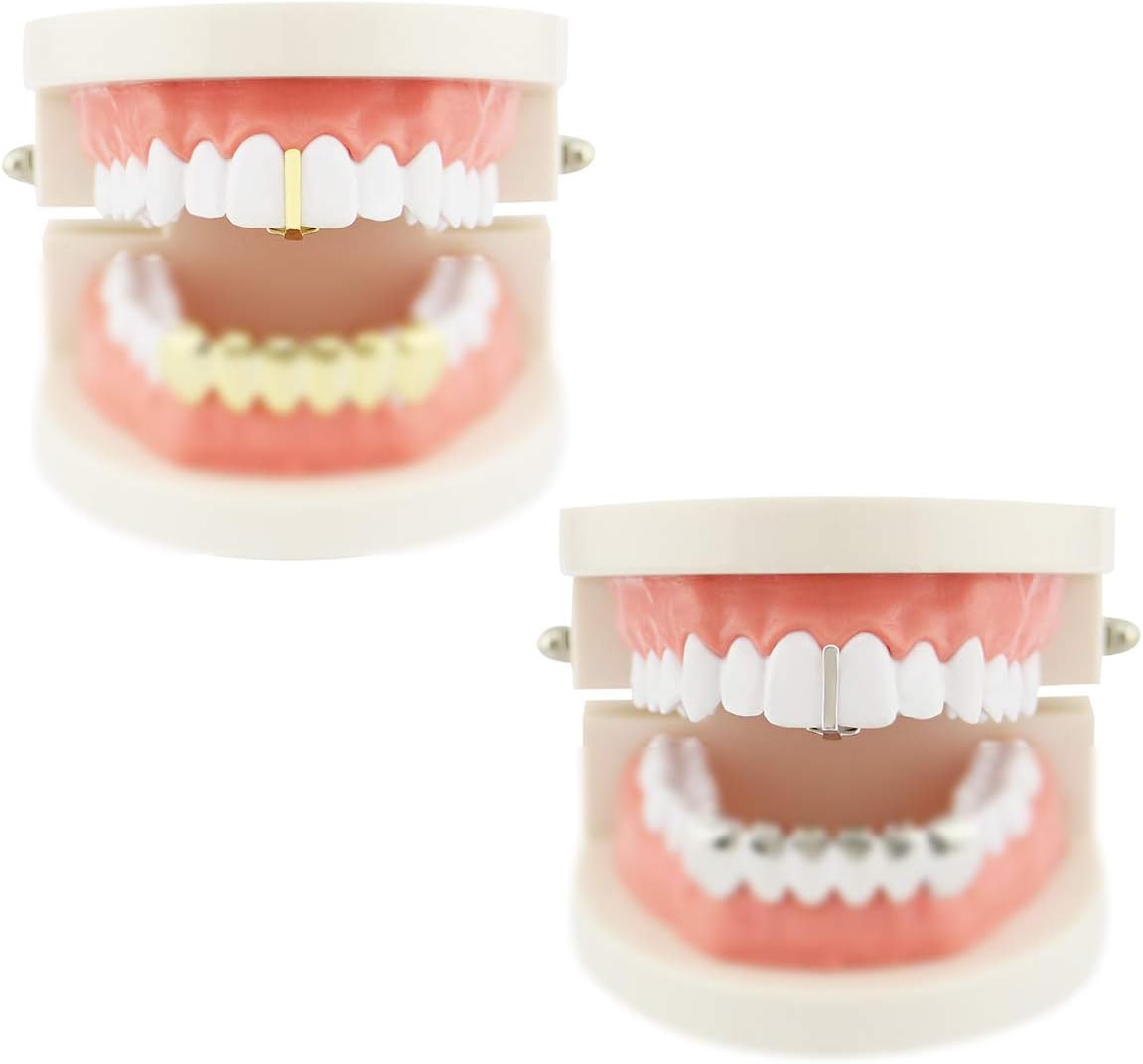 Daycindy 14k Gold Plated Hip Hop Single Teeth Grillz Pack of 2, Silver & Gold