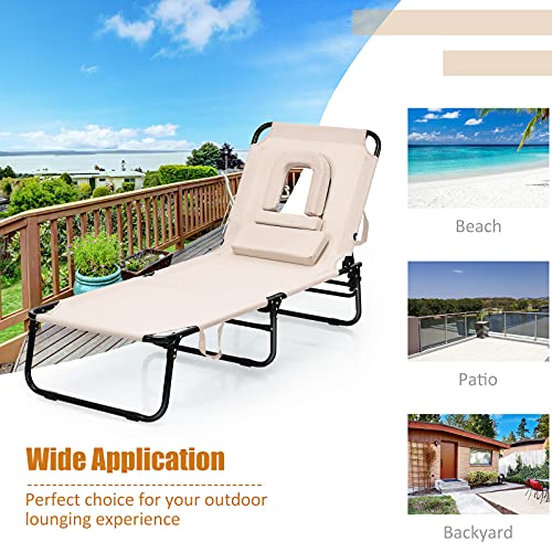 Goplus Folding Chaise Lounge Beach Chair, Face Down Tanning Chair with