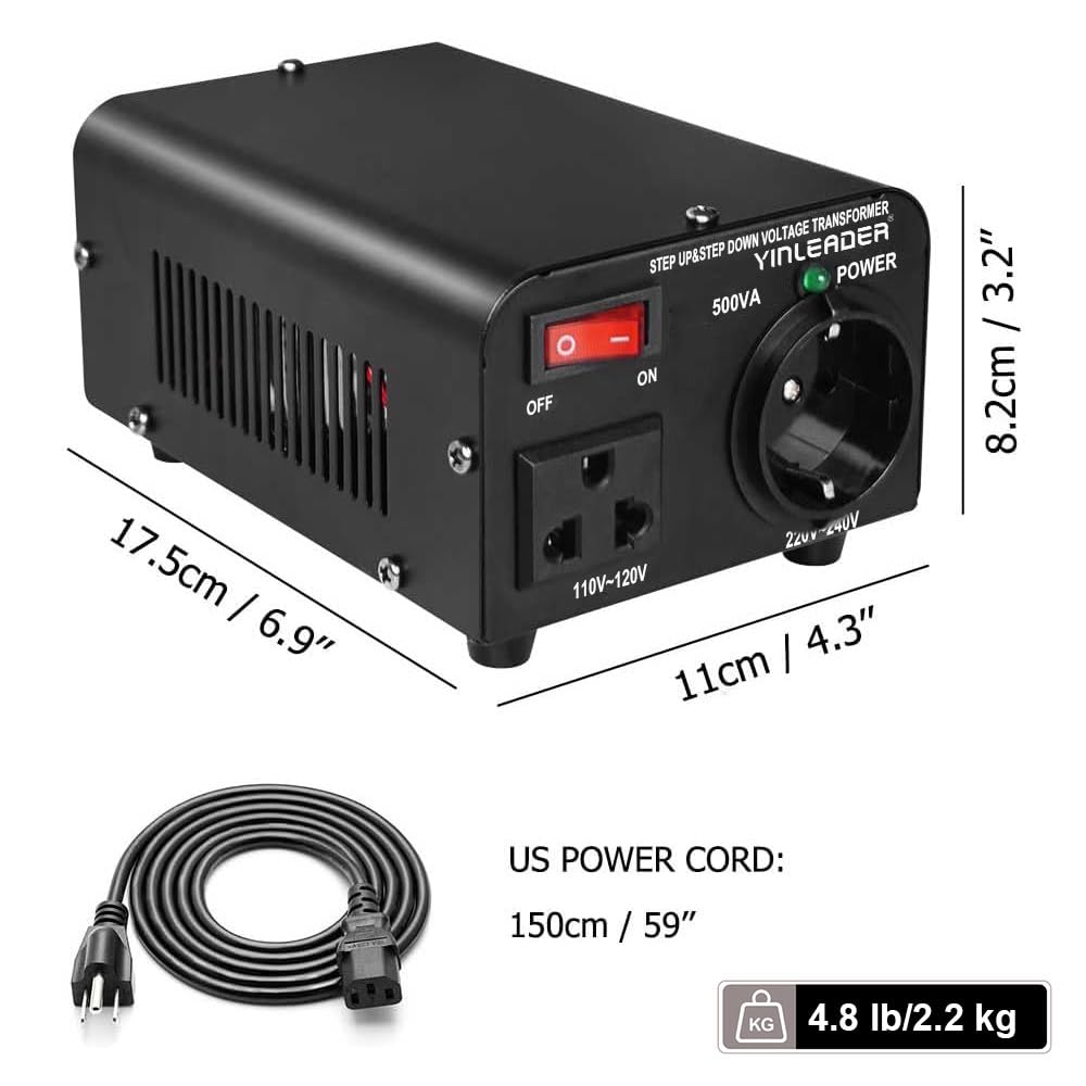 Yinleader 110v to 220v European Voltage Converter Transformer 500W Step Up Converter 110/120 Volt to 220/230/240 Volt or Step Down 220 to 110 w/US Power Cord,Circuit Breaker Protection