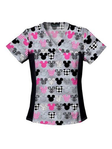 Disney Cherokee Women's V-Neck Knit Panel Top Mickey, Grey, X-Large