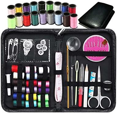 ADOGO Sewing Kit Basket Repair Accessories Box 58 with Scissors, Needles, Thimble, Thread, Tape Measure, Crochet,Sewing Supplies Organizer For Beginners ,Traveller or Emergency (Black)